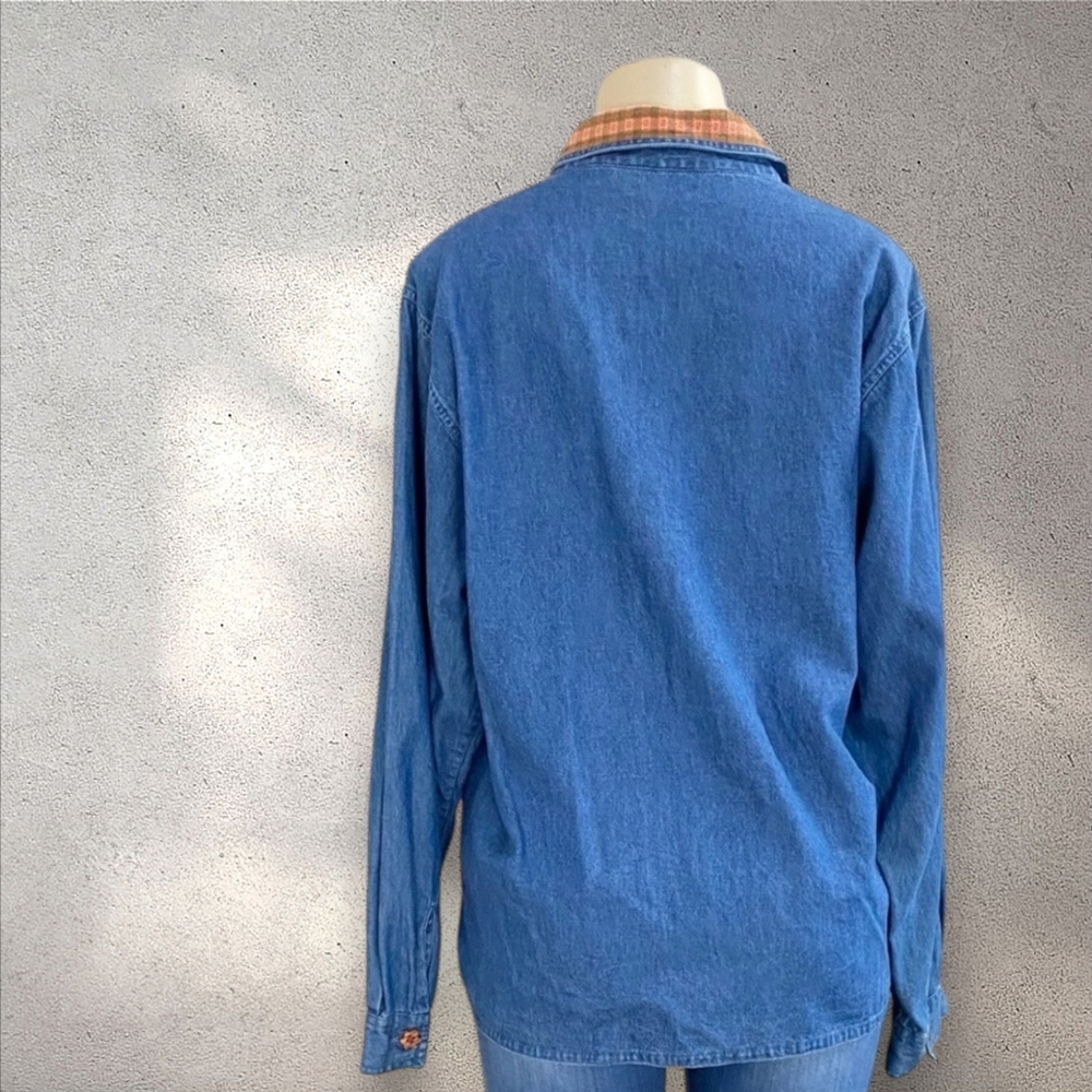 DRESS BARN | Scarecrow Pumpkins Fall Harvest Denim Button Up Shirt Sz XL - Picture 13 of 14